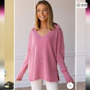 Grace And Emma Pink V-Neck Waffle Knit Collard Mineral Wash Distressed Sweater M